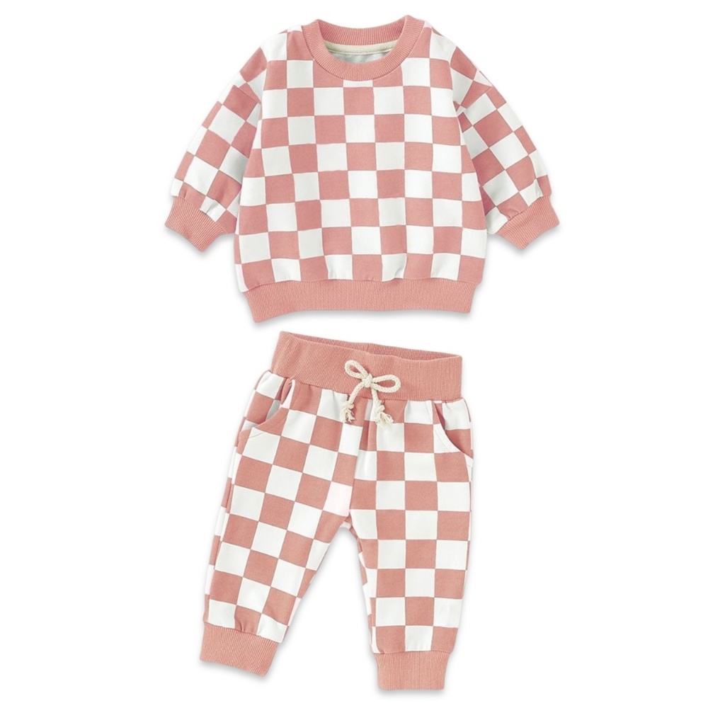 18-24 Months pink and white French terry checkered toddler sweater set!